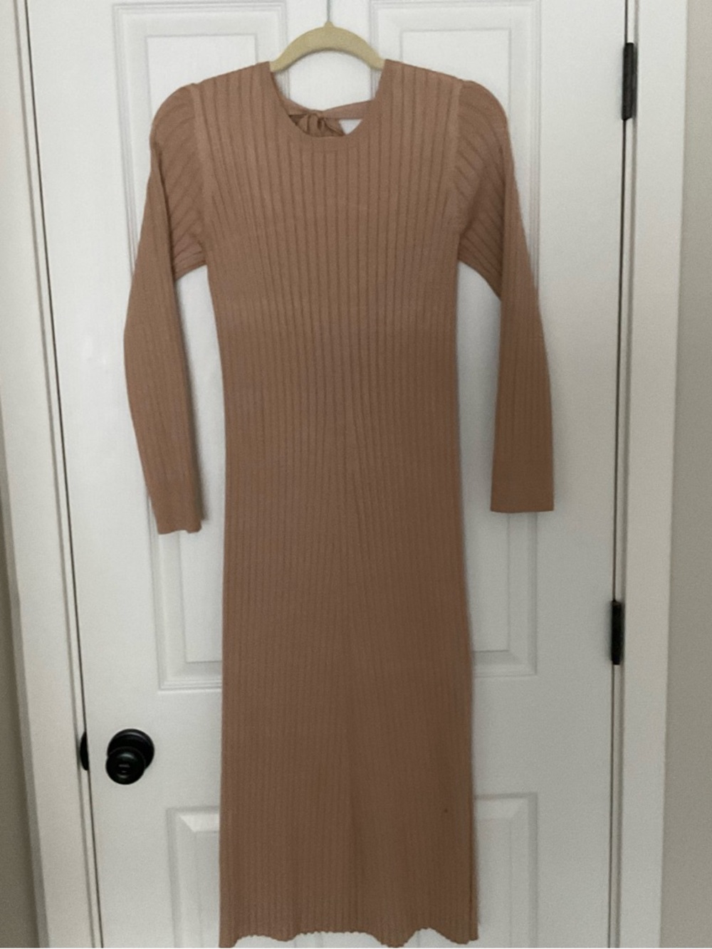 Wayf Ribbed Long Sleeve Midi Dress in Camel Brown